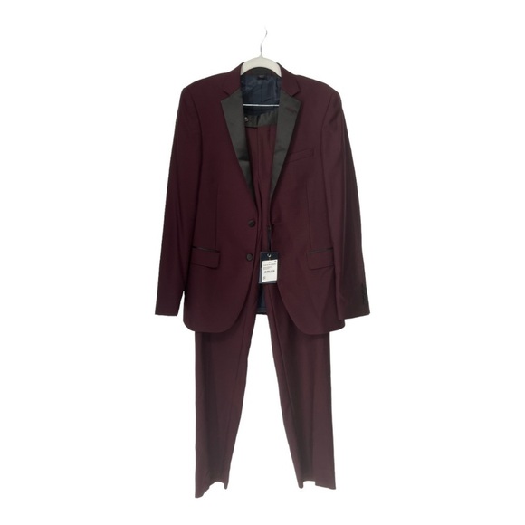 Zanetti Sienna Two Button Notch Collar Burgundy Wool Slim Fit Contrast Tuxedo - Picture 2 of 7